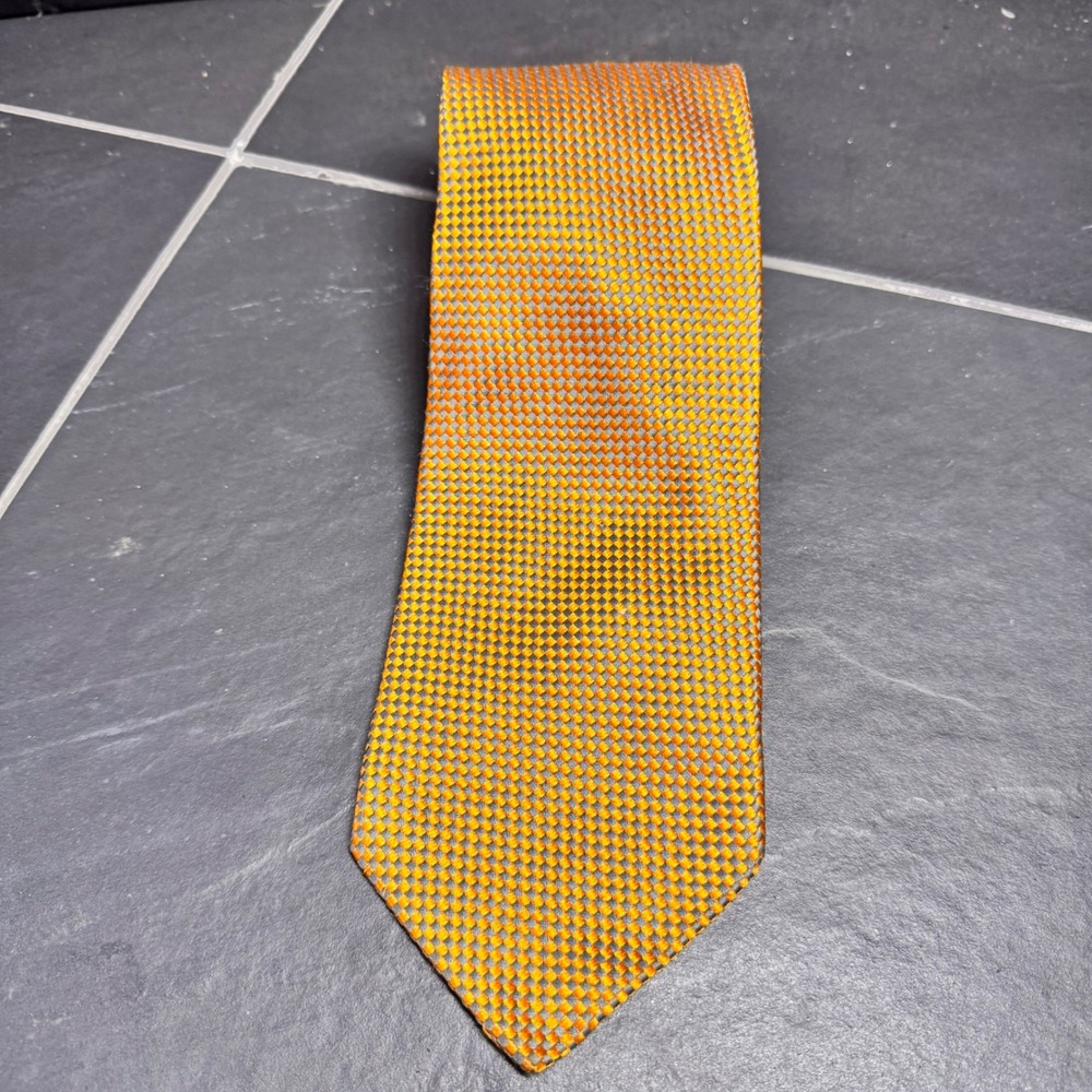 VTG R.J. Haydon Mens 100% Silk Necktie Orange Blue Textured Geometric Check Tie